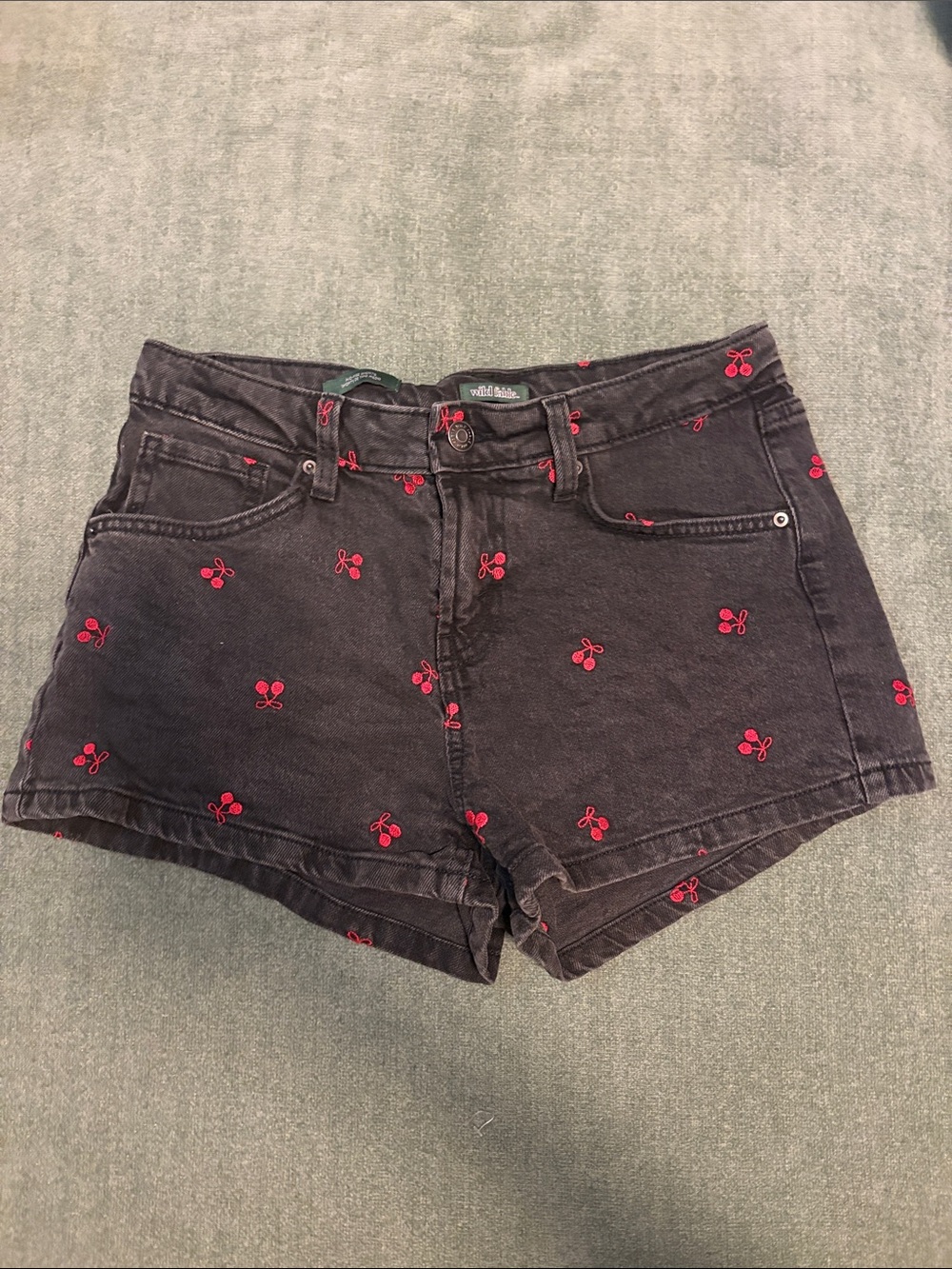 wild fable Black Denim Shorts with Red Cherry Embroidery